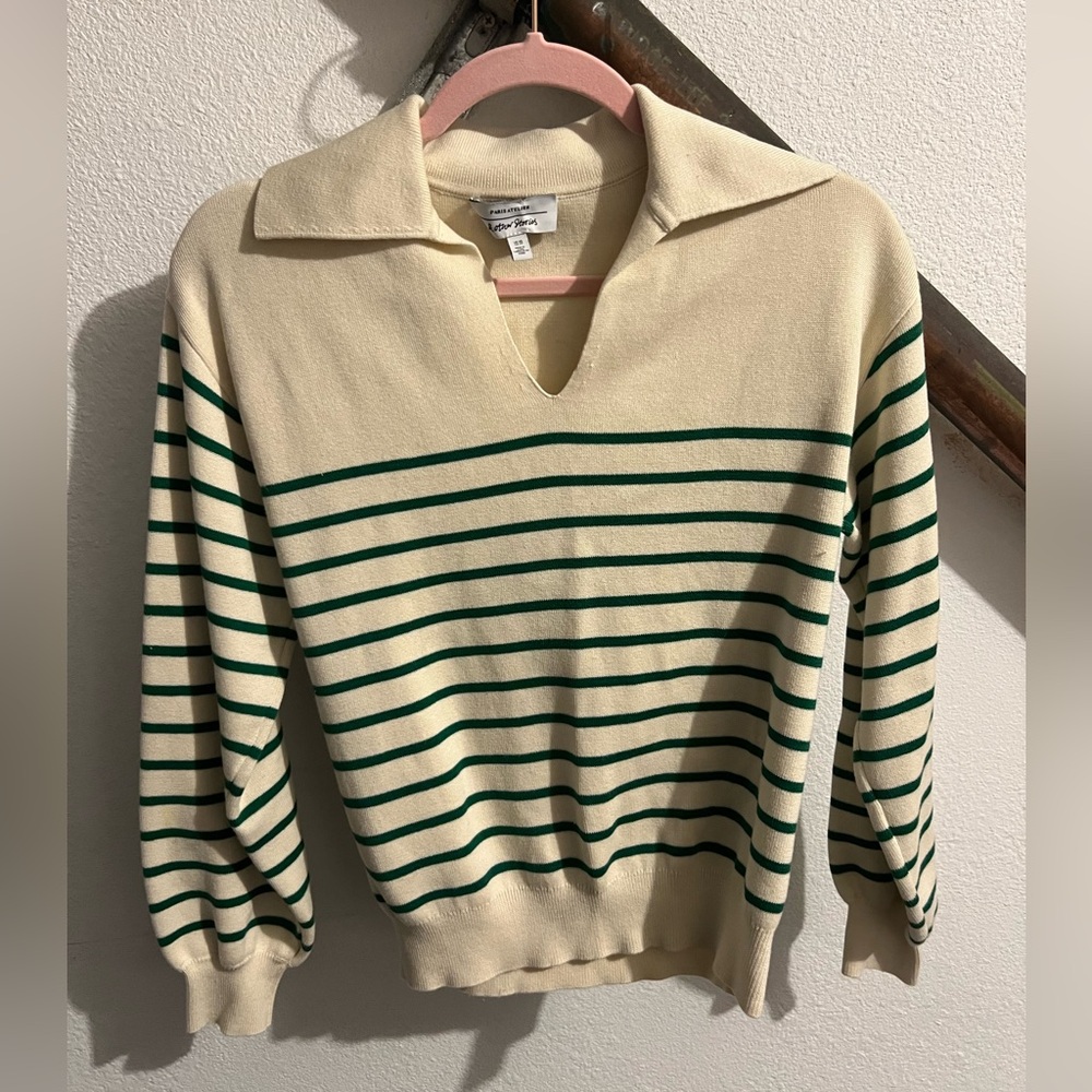 & Other Stories Cream and Green Striped Collared Sweater Size XS